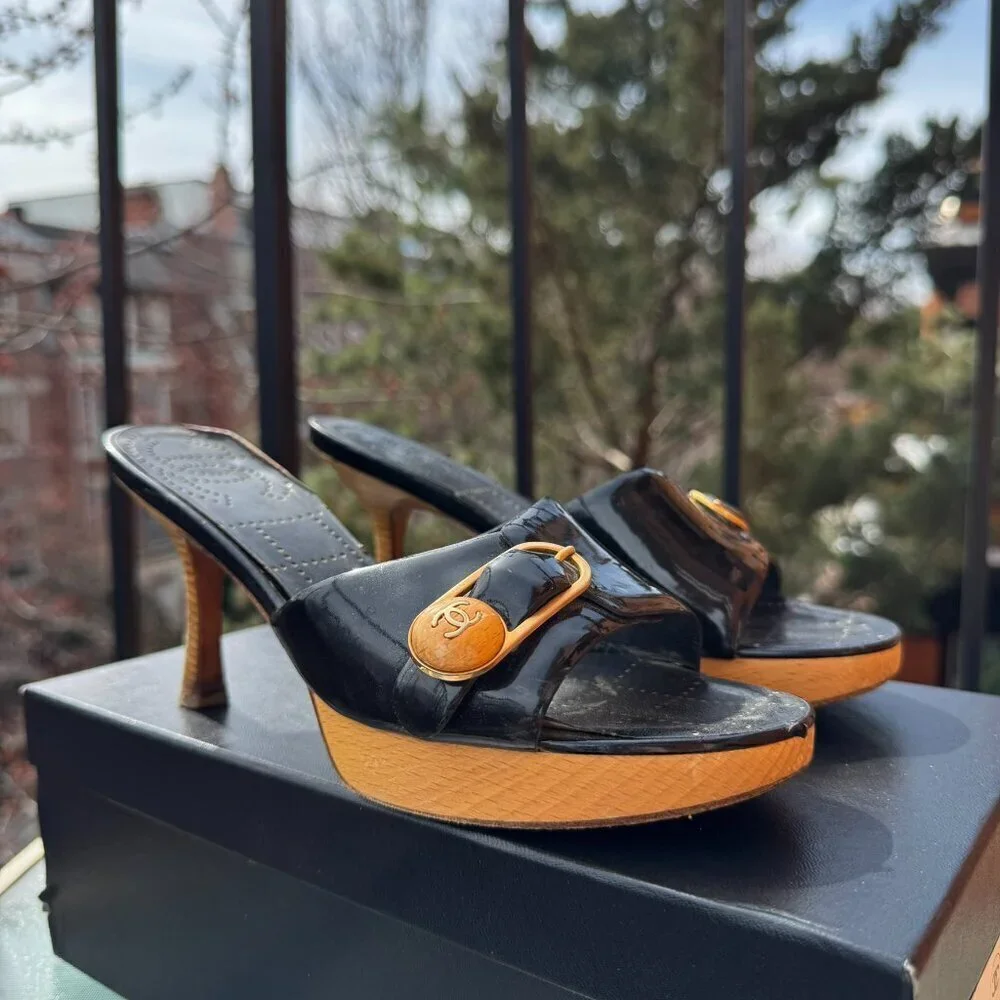 CHANEL Sandals Mules Heeled Shoes Platform Black Buckle CC Logo Box EUR 36.5